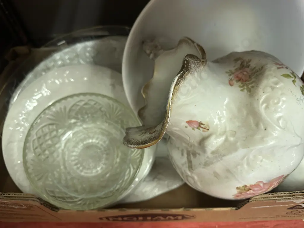 Box Of Assorted China & Glass Items (as found) Image 1++