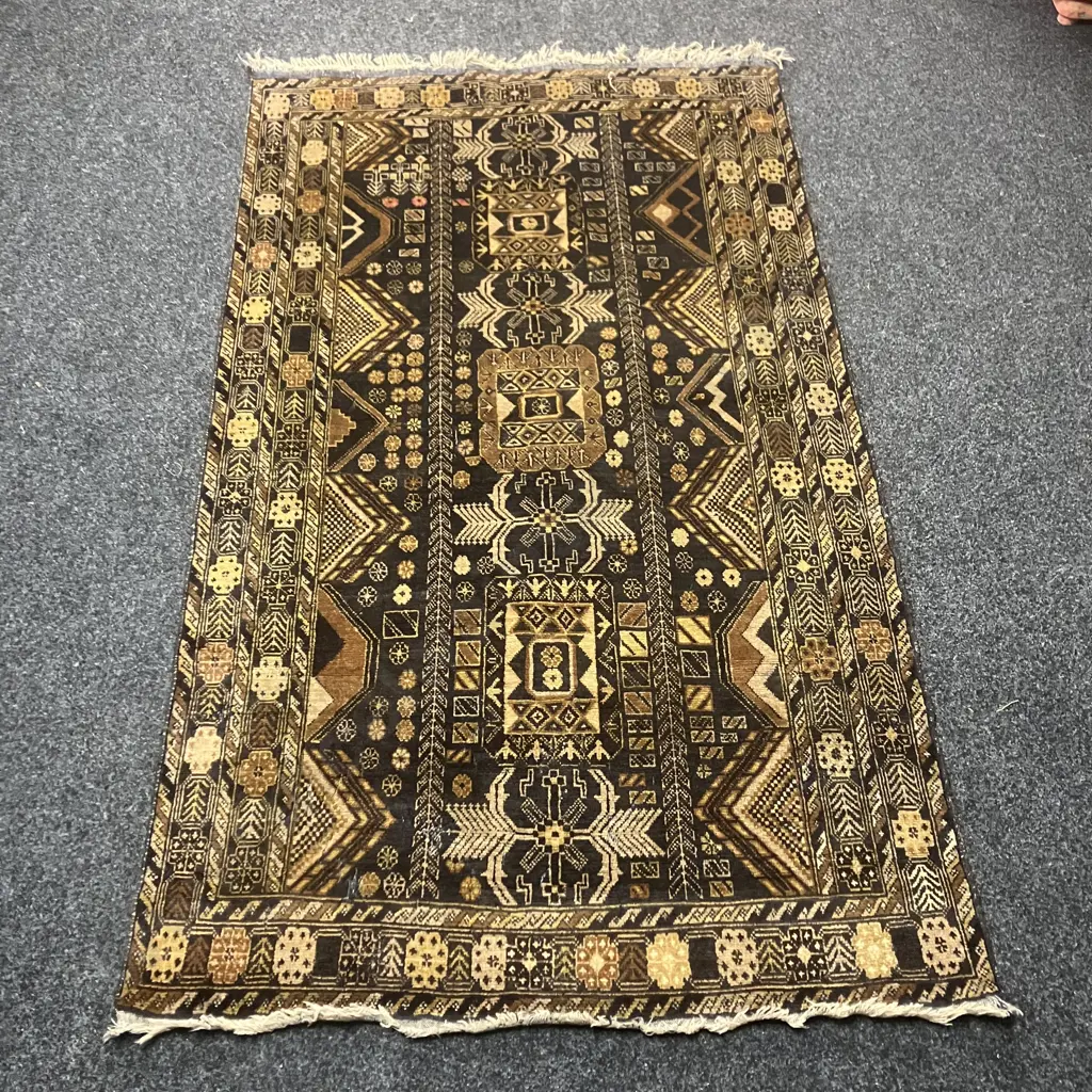 Afghan Hand Knotted Baluchi 210 x 110cm Rug, Semi Antique, Brown & Black, Wool, (Moth Damage) Image 1++