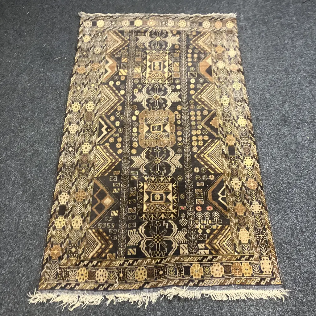 Afghan Hand Knotted Baluchi 210 x 110cm Rug, Semi Antique, Brown & Black, Wool, (Moth Damage) Image 1++