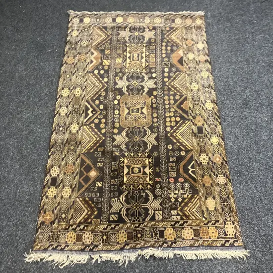 Afghan Hand Knotted Baluchi 210 x 110cm Rug, Semi Antique, Brown & Black, Wool, (Moth Damage)