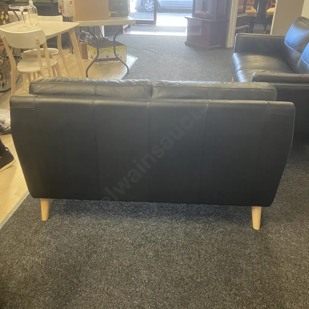 Black Leather Mid-Century Style 3 Seater & 2 Seater Lounge Suite, High Set Solid Wood Legs - Ex Farmers Image 1++