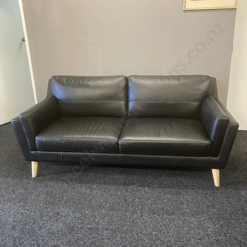 Black Leather Mid-Century Style 3 Seater & 2 Seater Lounge Suite, High Set Solid Wood Legs - Ex Farmers Image 1++