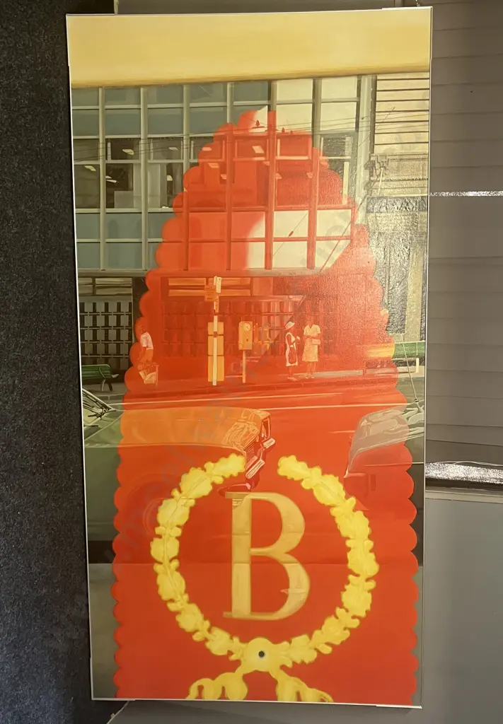 Large Artwork - Building Street Scene With Vintage Gold 'B' Monogram. 230 x 115cm Image 1++