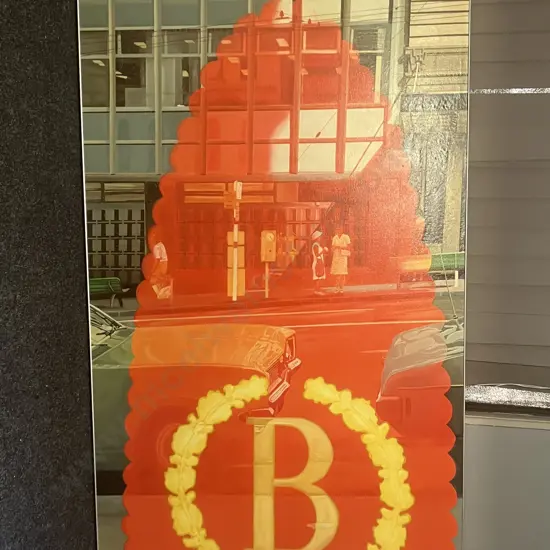 Large Artwork - Building Street Scene With Vintage Gold 'B' Monogram. 230 x 115cm