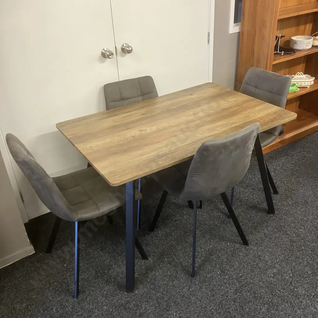 Light Oak Effect Dining Table & Four Chairs With Black Steel Chairs & Grey Upholstery H75,L120,D80cm. Image 1++
