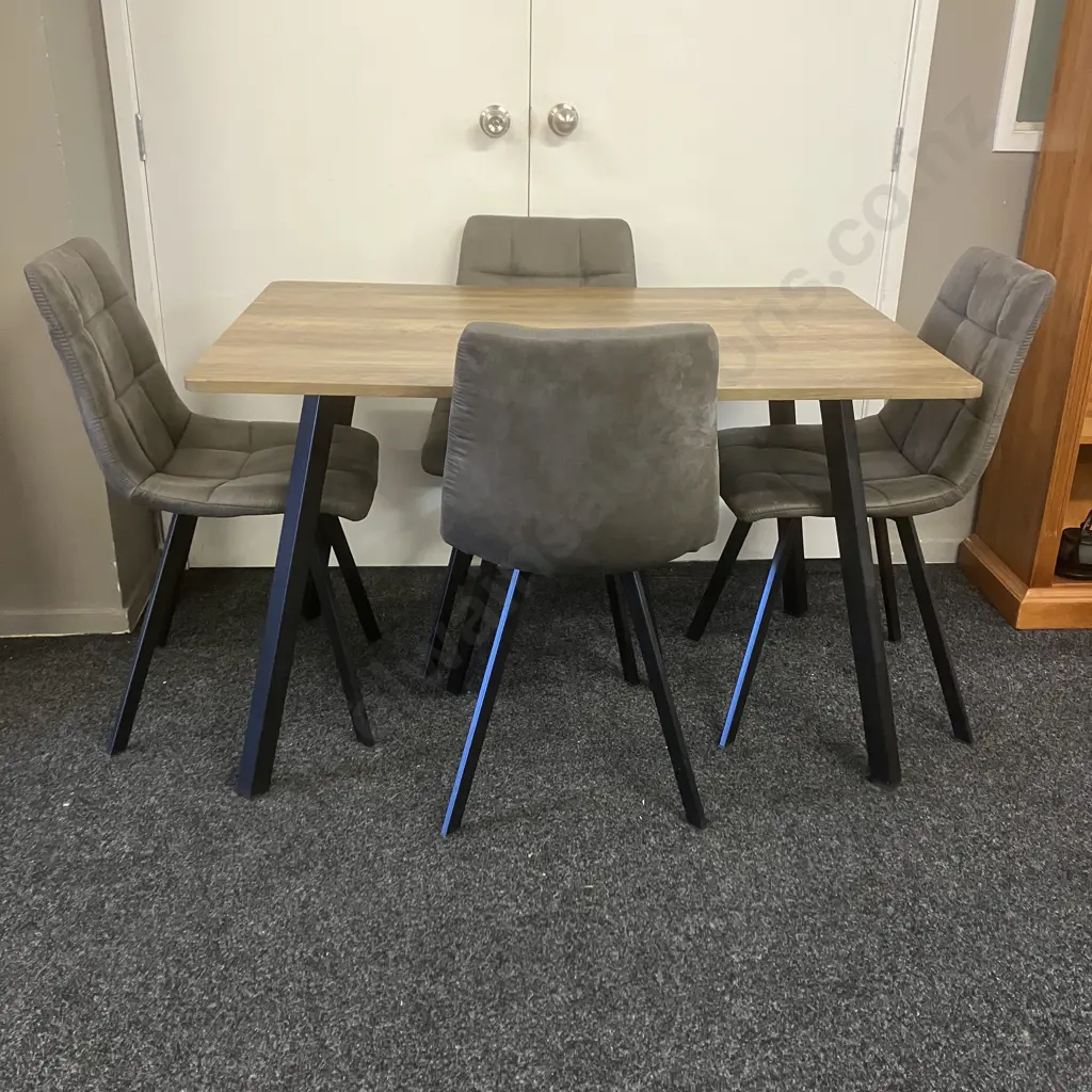 Light Oak Effect Dining Table & Four Chairs With Black Steel Chairs & Grey Upholstery H75,L120,D80cm. Image 1++