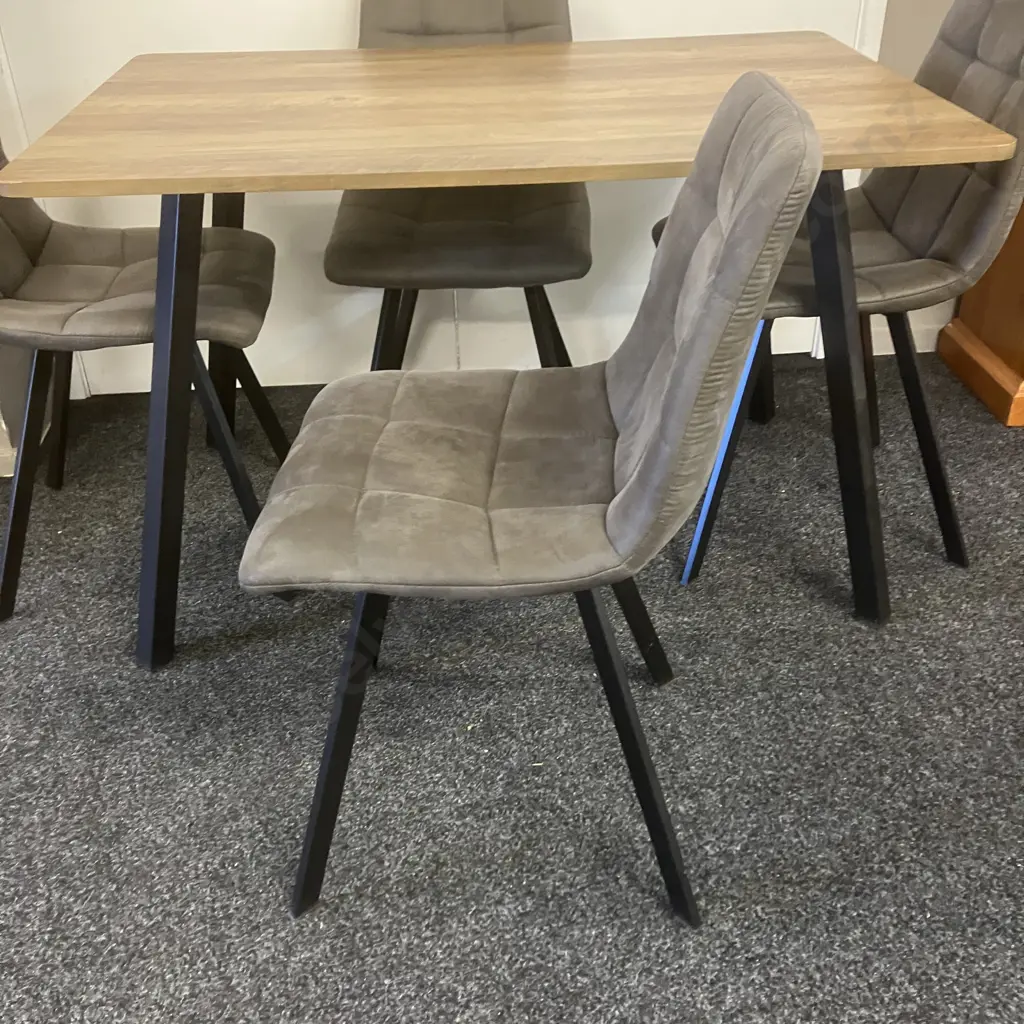 Light Oak Effect Dining Table & Four Chairs With Black Steel Chairs & Grey Upholstery H75,L120,D80cm. Image 1++