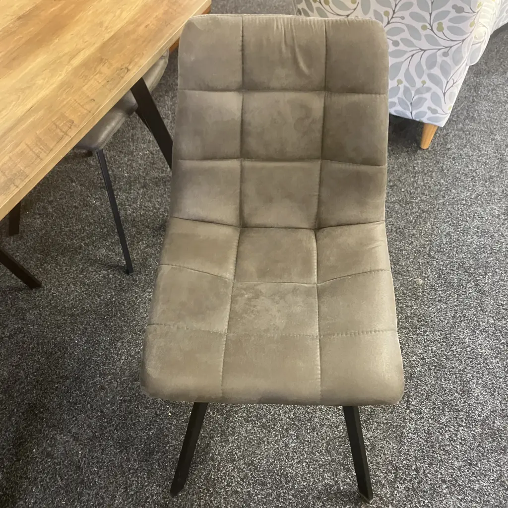 Light Oak Effect Dining Table & Four Chairs With Black Steel Chairs & Grey Upholstery H75,L120,D80cm. Image 1++