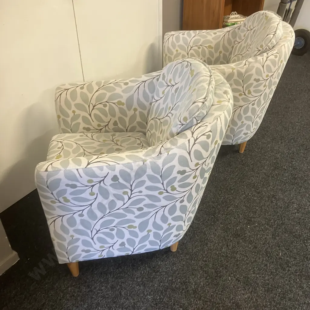 Pair Of Warwick Tub Chairs Cream With Blue Leaf Detail Image 1++