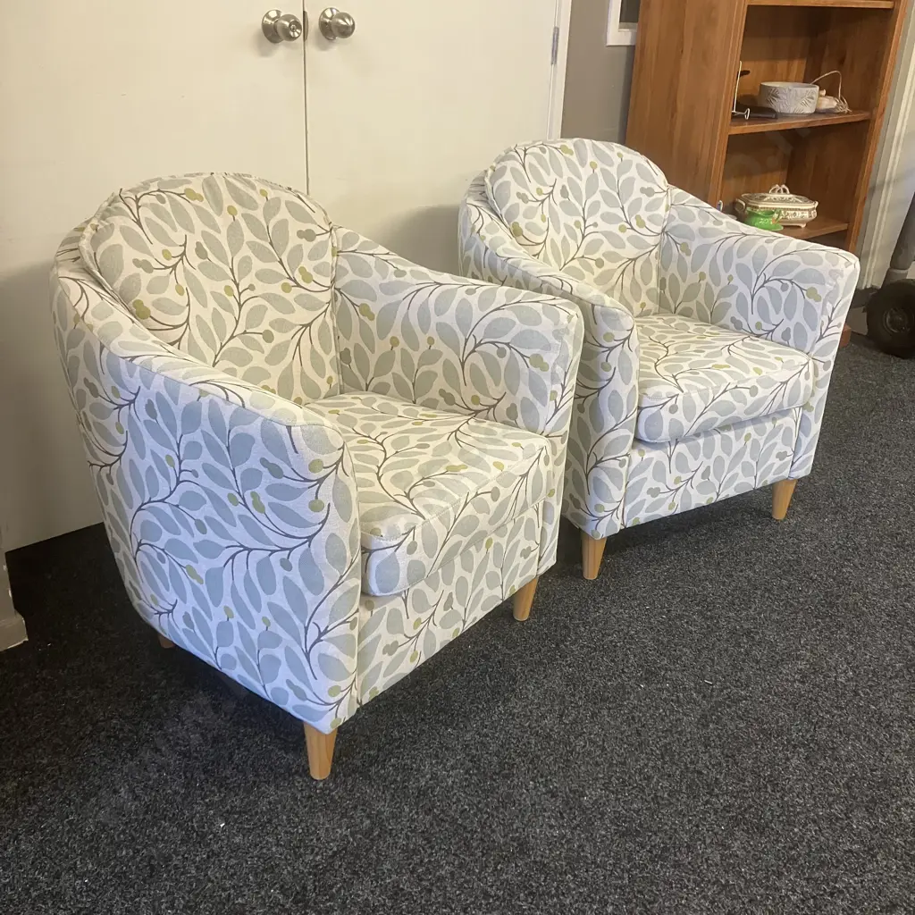 Pair Of Warwick Tub Chairs Cream With Blue Leaf Detail Image 1++
