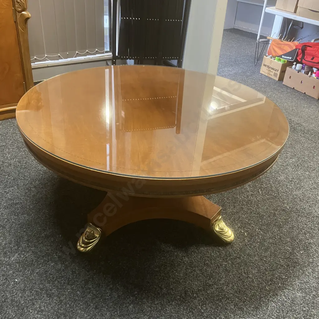 Round Coffee Table On Turned Pedestal With 4 Cast Gilt Pad Feet, Glass Top. 47 x 99cm Image 1++