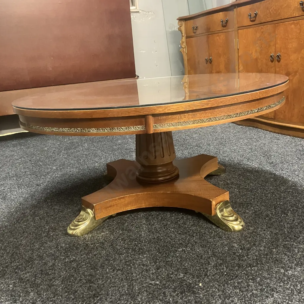 Round Coffee Table On Turned Pedestal With 4 Cast Gilt Pad Feet, Glass Top. 47 x 99cm Image 1++
