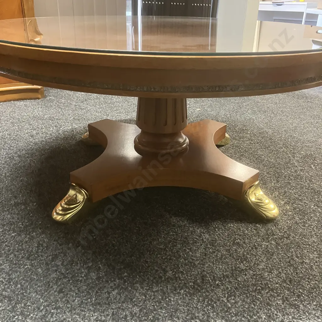 Round Coffee Table On Turned Pedestal With 4 Cast Gilt Pad Feet, Glass Top. 47 x 99cm Image 1++
