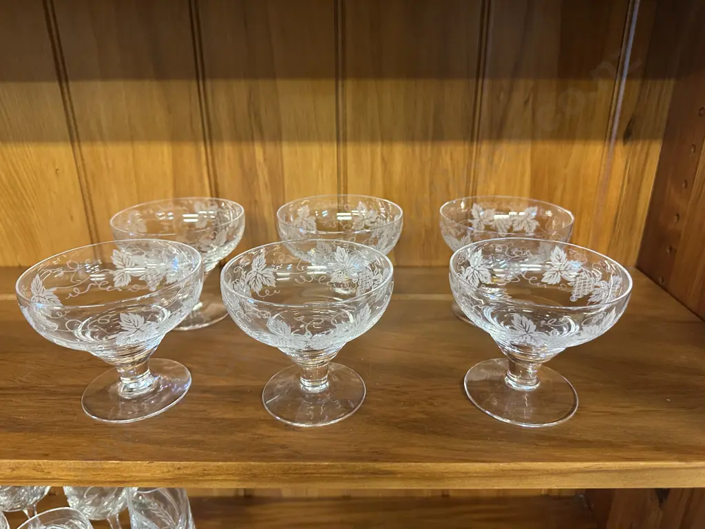 Set Of Six Vintage Stuart Crystal Footed Dessert Bowls Grape Design Image 1++