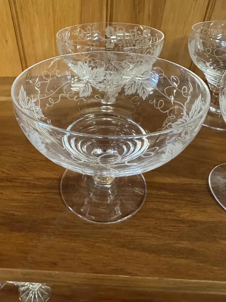 Set Of Six Vintage Stuart Crystal Footed Dessert Bowls Grape Design Image 1++
