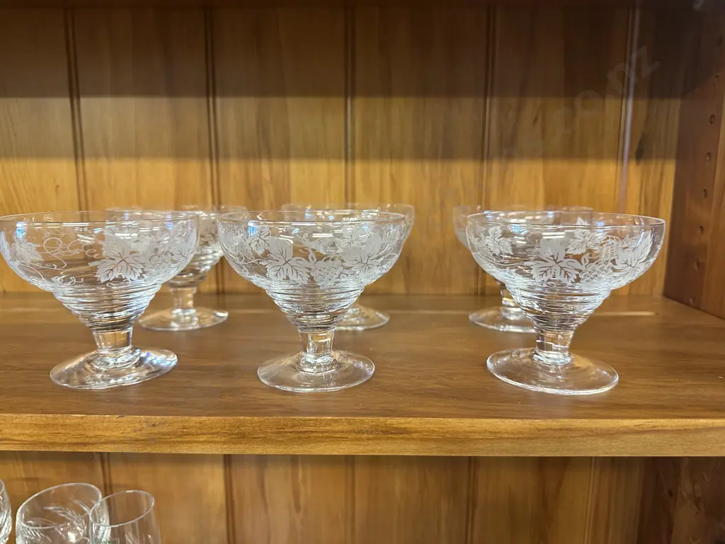 Set Of Six Vintage Stuart Crystal Footed Dessert Bowls Grape Design Image 1++