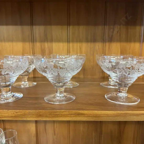 Set Of Six Vintage Stuart Crystal Footed Dessert Bowls Grape Design