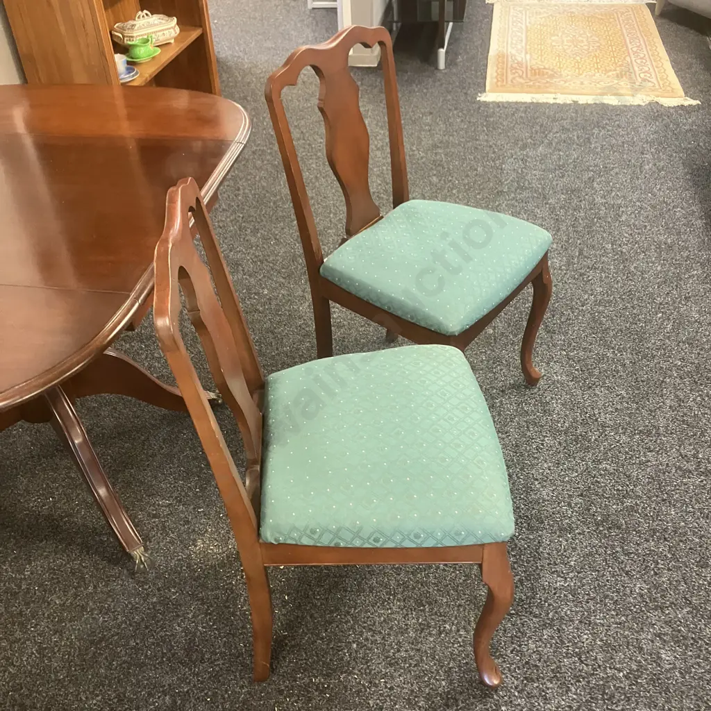 Mahogany Dropleaf Table Single Pedestal To 4 Brass Ball & Claw Feet With 2 Green Upholstered Dining Chairs Image 1++