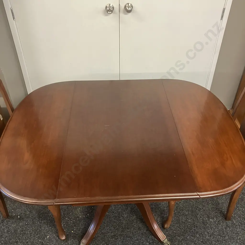 Mahogany Dropleaf Table Single Pedestal To 4 Brass Ball & Claw Feet With 2 Green Upholstered Dining Chairs Image 1++