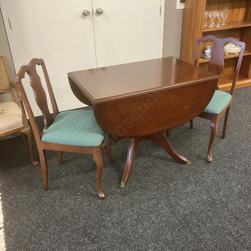 Mahogany Dropleaf Table Single Pedestal To 4 Brass Ball & Claw Feet With 2 Green Upholstered Dining Chairs Image 1++