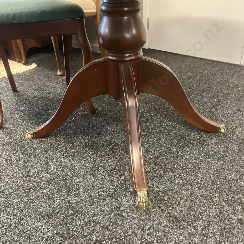 Mahogany Dropleaf Table Single Pedestal To 4 Brass Ball & Claw Feet With 2 Green Upholstered Dining Chairs Image 1++