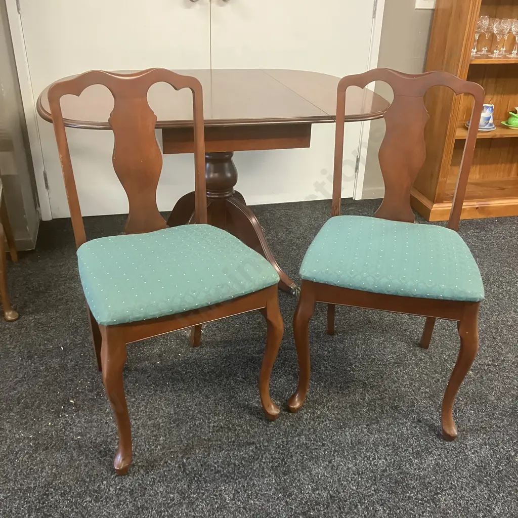 Mahogany Dropleaf Table Single Pedestal To 4 Brass Ball & Claw Feet With 2 Green Upholstered Dining Chairs Image 1++