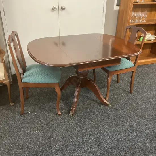 Mahogany Dropleaf Table Single Pedestal To 4 Brass Ball & Claw Feet With 2 Green Upholstered Dining Chairs