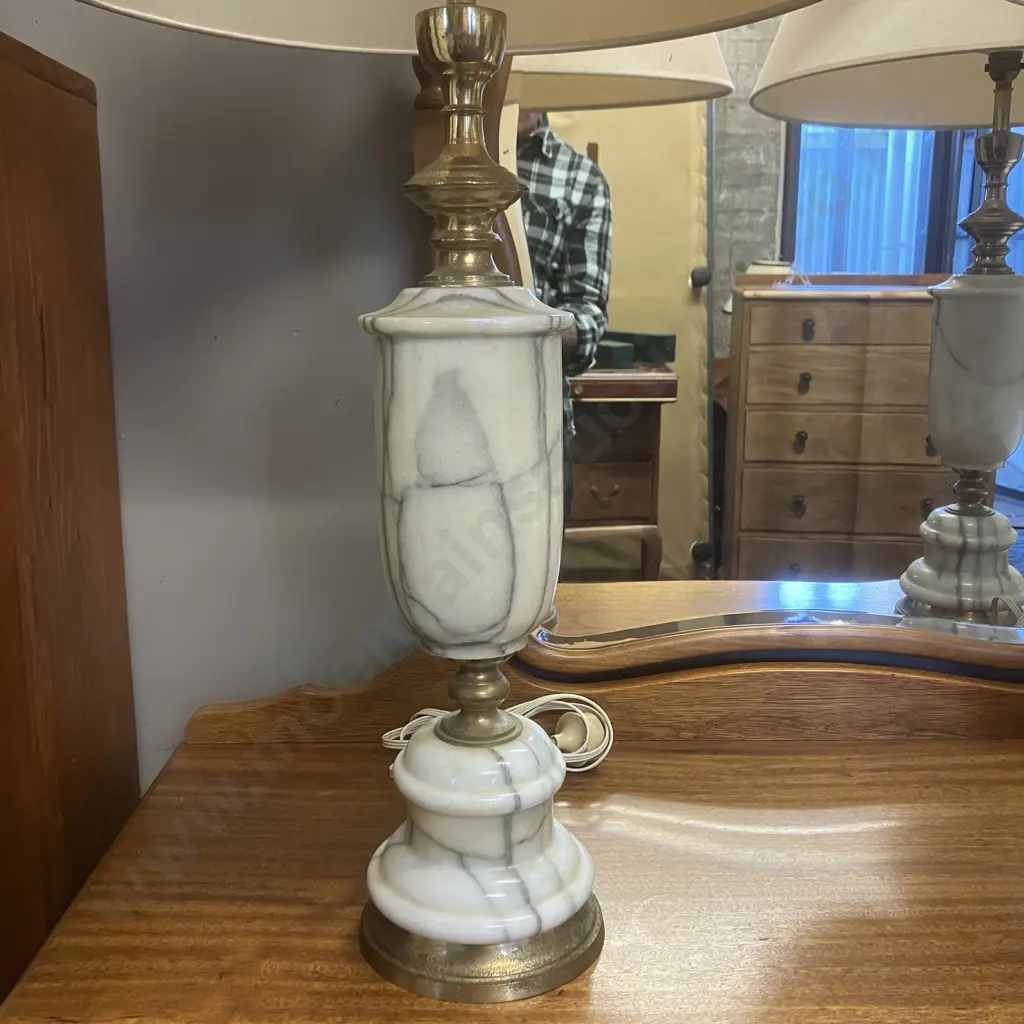 Pair of Vintage Mid Century Modern Marble & Brass Table Lamps With Shades. H90cm Image 1++
