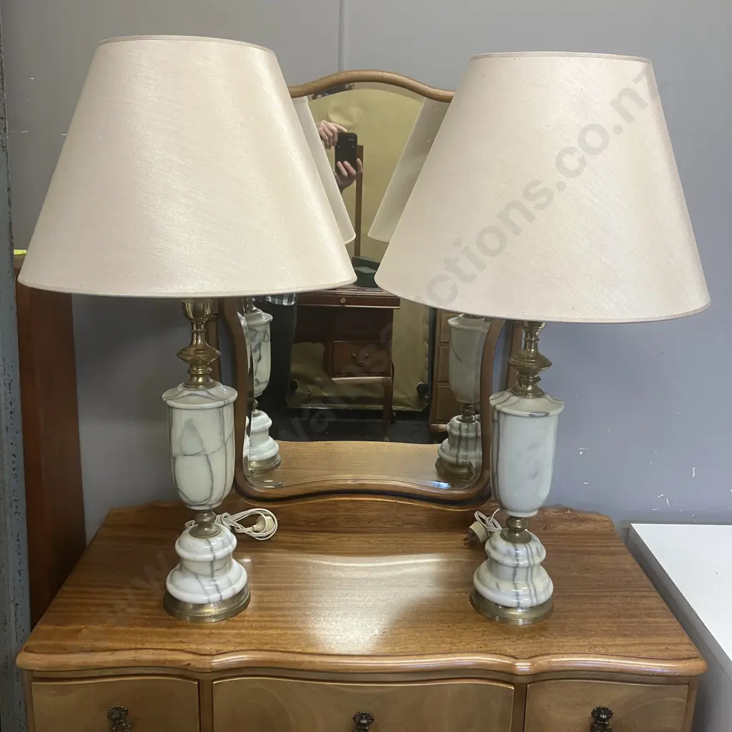 Pair of Vintage Mid Century Modern Marble & Brass Table Lamps With Shades. H90cm Image 1++