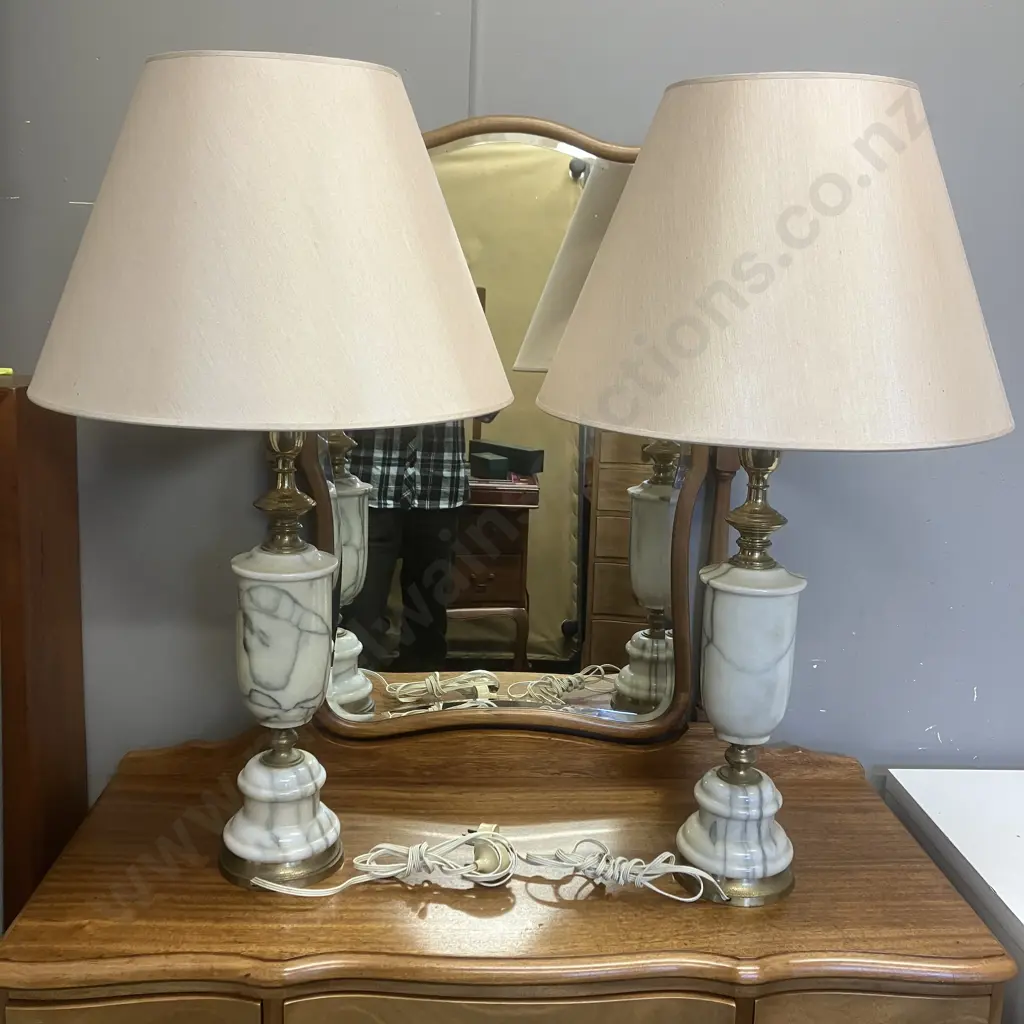 Pair of Vintage Mid Century Modern Marble & Brass Table Lamps With Shades. H90cm Image 1++