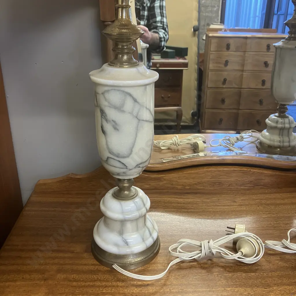 Pair of Vintage Mid Century Modern Marble & Brass Table Lamps With Shades. H90cm Image 1++