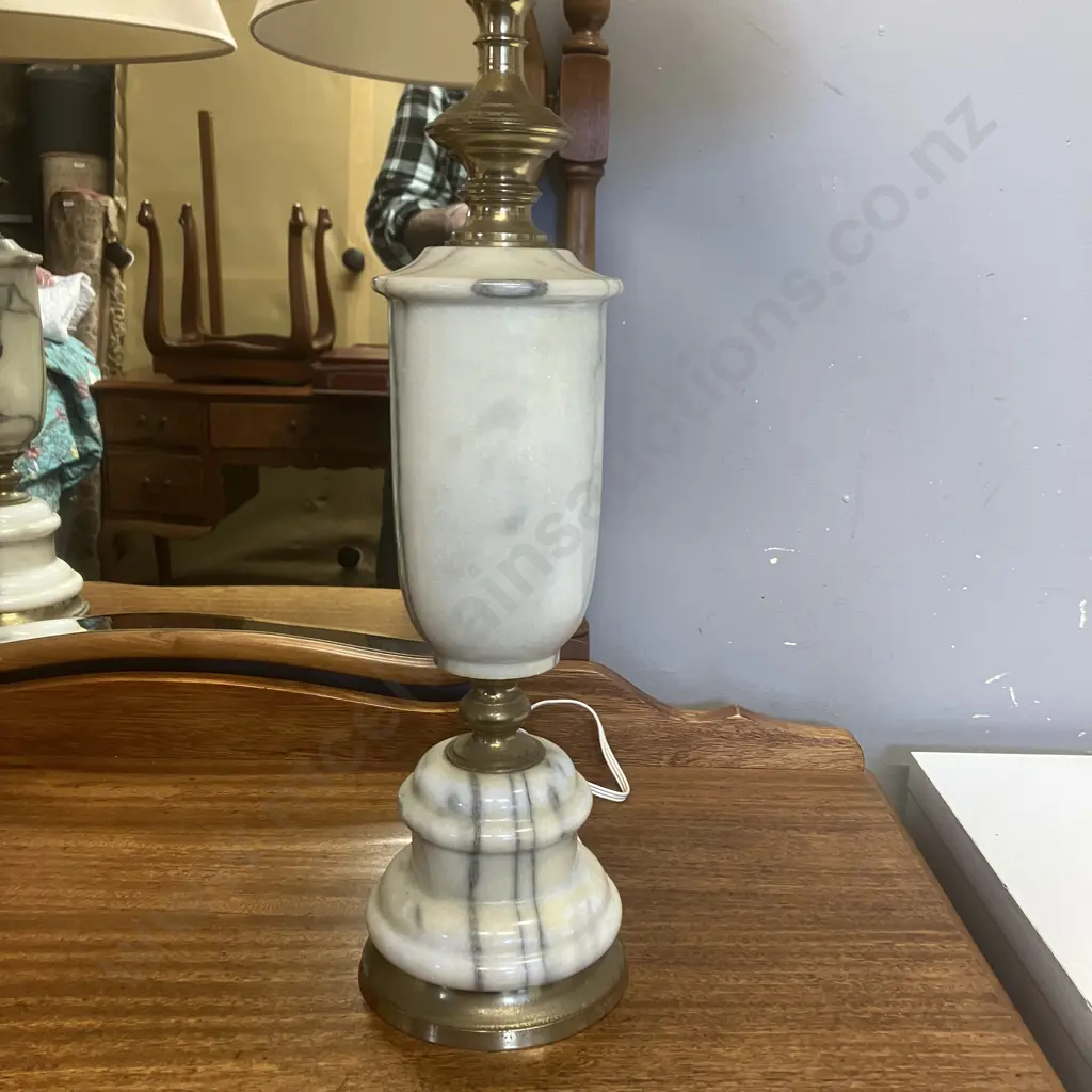 Pair of Vintage Mid Century Modern Marble & Brass Table Lamps With Shades. H90cm Image 1++