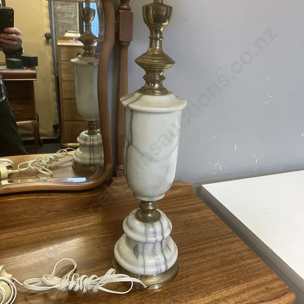 Pair of Vintage Mid Century Modern Marble & Brass Table Lamps With Shades. H90cm Image 1++