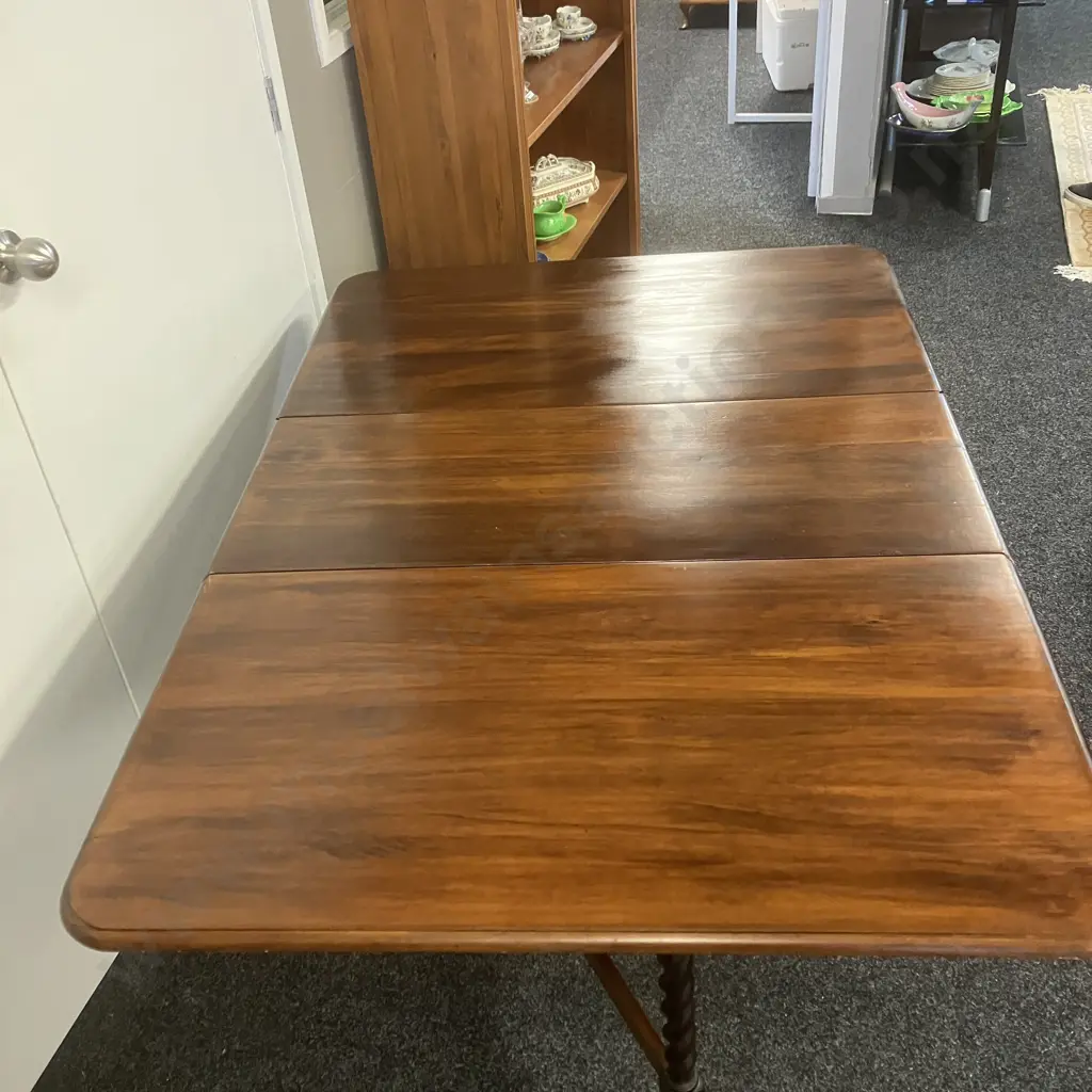 Antique Mahogany Gate Leg Table, Drop Leaf, Barley Twist Legs & Supports Image 1++