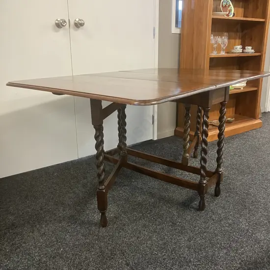 Antique Mahogany Gate Leg Table, Drop Leaf, Barley Twist Legs & Supports