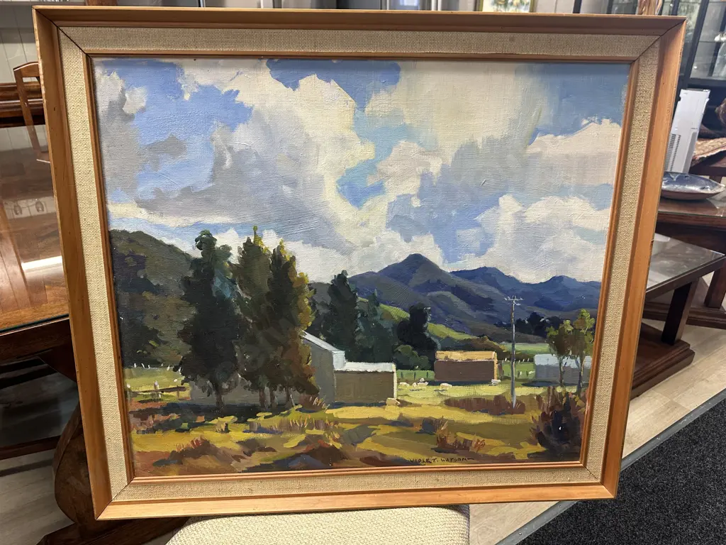 Violet Watson 'Taupiri' Landscape Framed Original Oil On Board. H72,W82cm. Image 1++