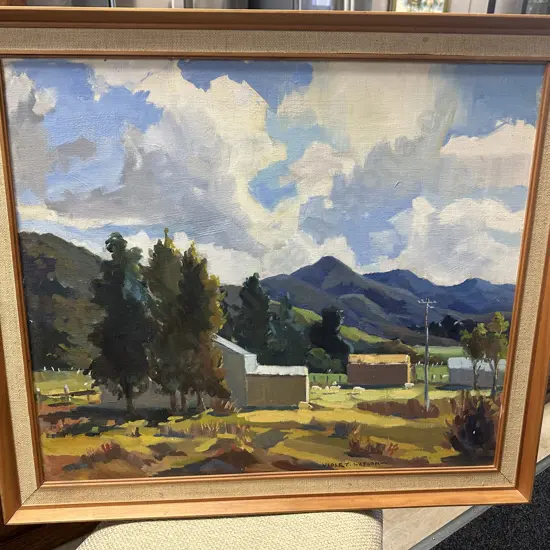 Violet Watson 'Taupiri' Landscape Framed Original Oil On Board. H72,W82cm.