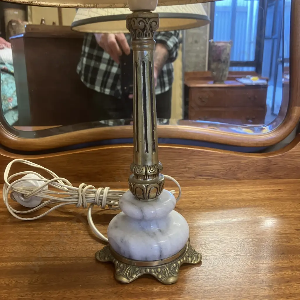 Vintage Mid Century Modern Marble & Brass Table Lamp With Shade. H45cm Image 1++