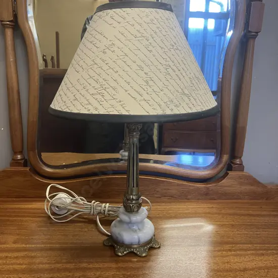 Vintage Mid Century Modern Marble & Brass Table Lamp With Shade. H45cm