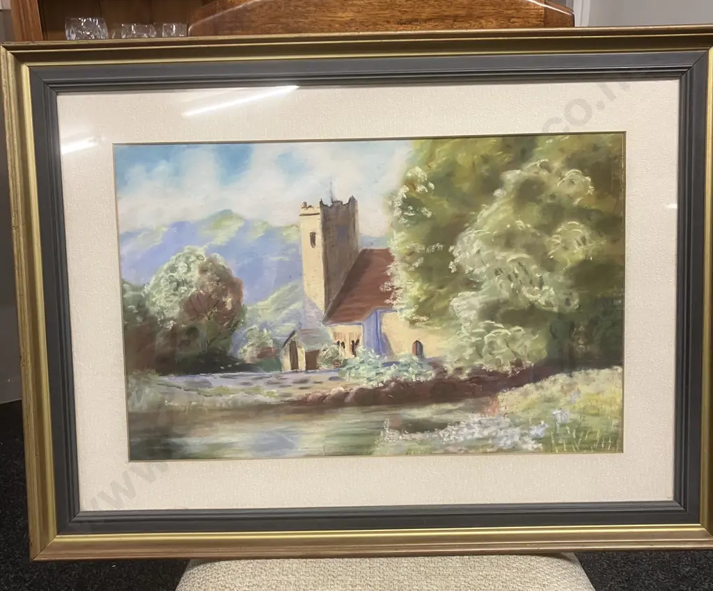Framed Artwork Of a Victorian British School Watercolor Landscape Painting Of a Country Church by a Lake. 50 x  68cm Image 1++