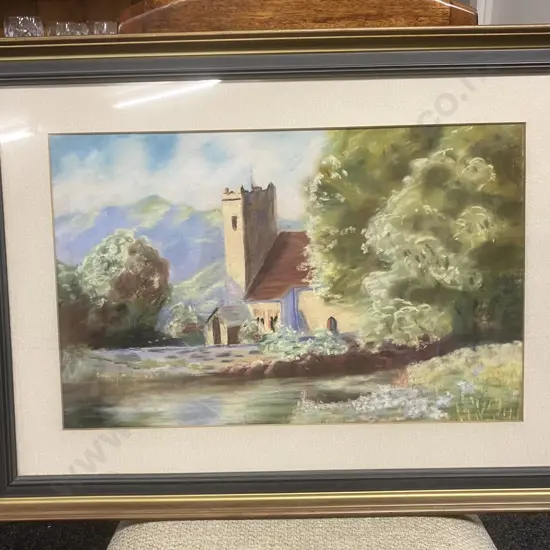 Framed Artwork Of a Victorian British School Watercolor Landscape Painting Of a Country Church by a Lake. 50 x  68cm