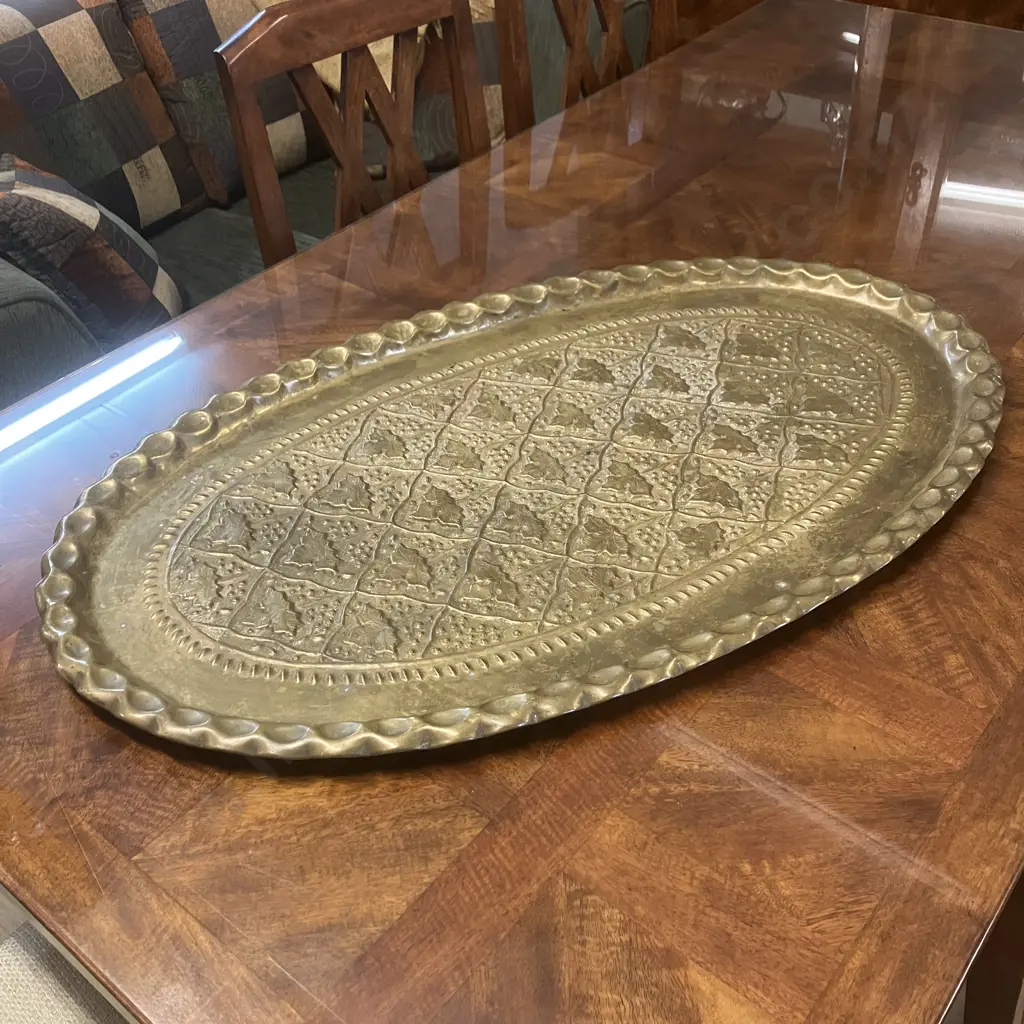 Moroccan Mid Century Oval Brass Tray Table Top / Platter. 94 x 56.5cm Image 1++