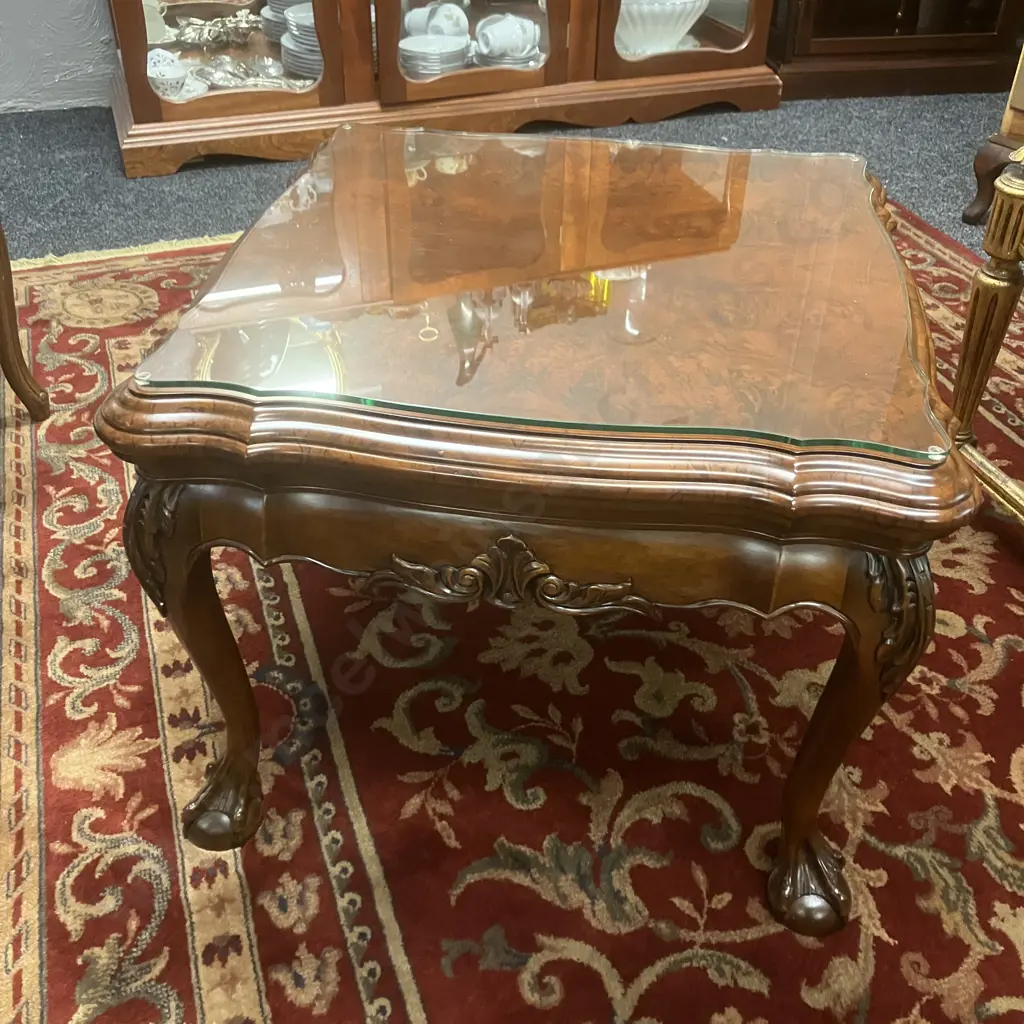 Ornate Heavily Carved Side Table, Scalloped Edge, Ball & Claw Feet, Glass Top. 48 x 58cm Image 1++