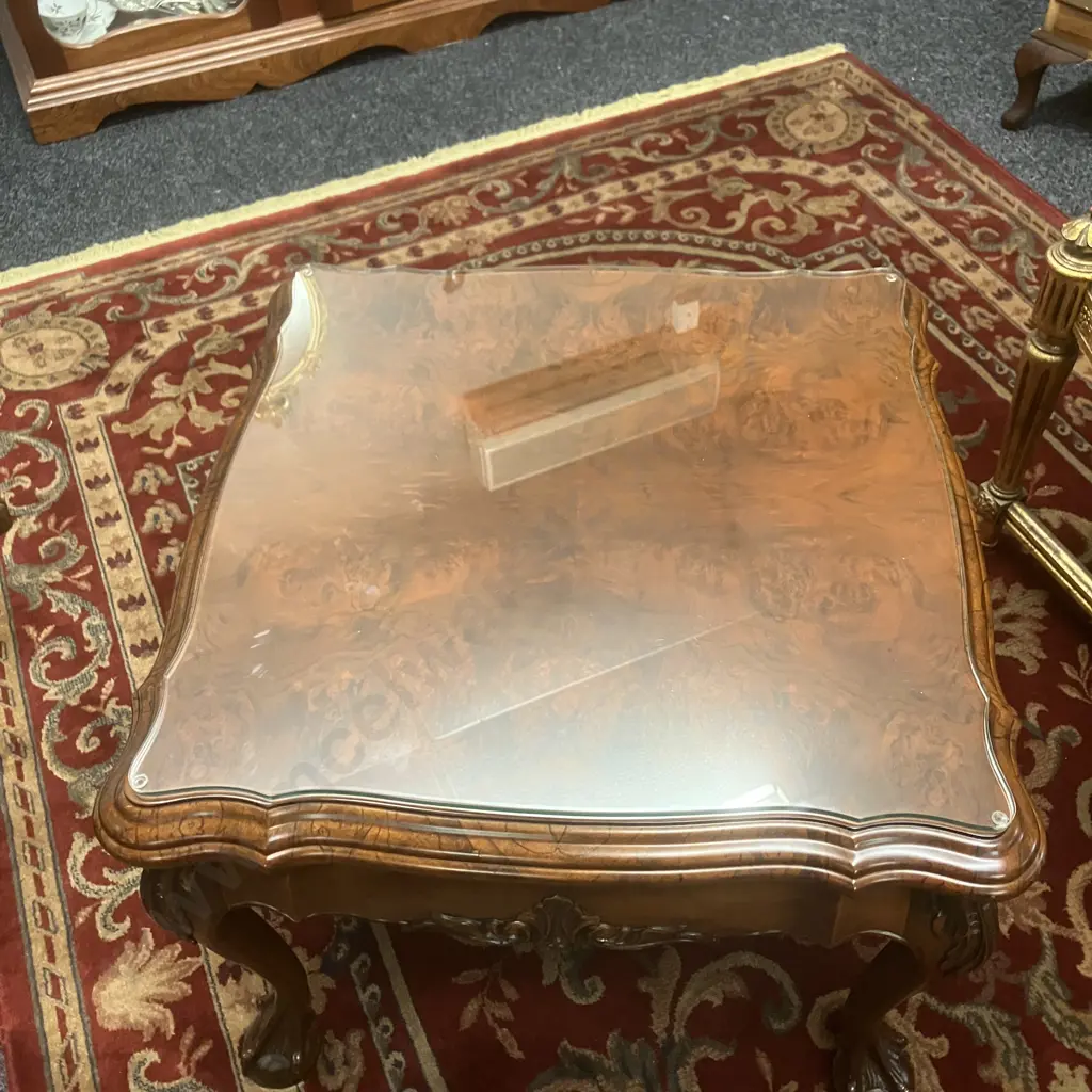 Ornate Heavily Carved Side Table, Scalloped Edge, Ball & Claw Feet, Glass Top. 48 x 58cm Image 1++