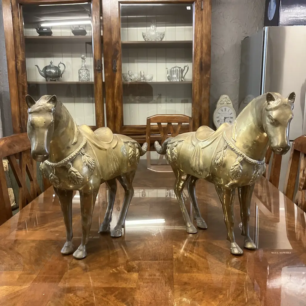 Pair of Large Antique Brass Horses. 41 x 55cm Image 1++