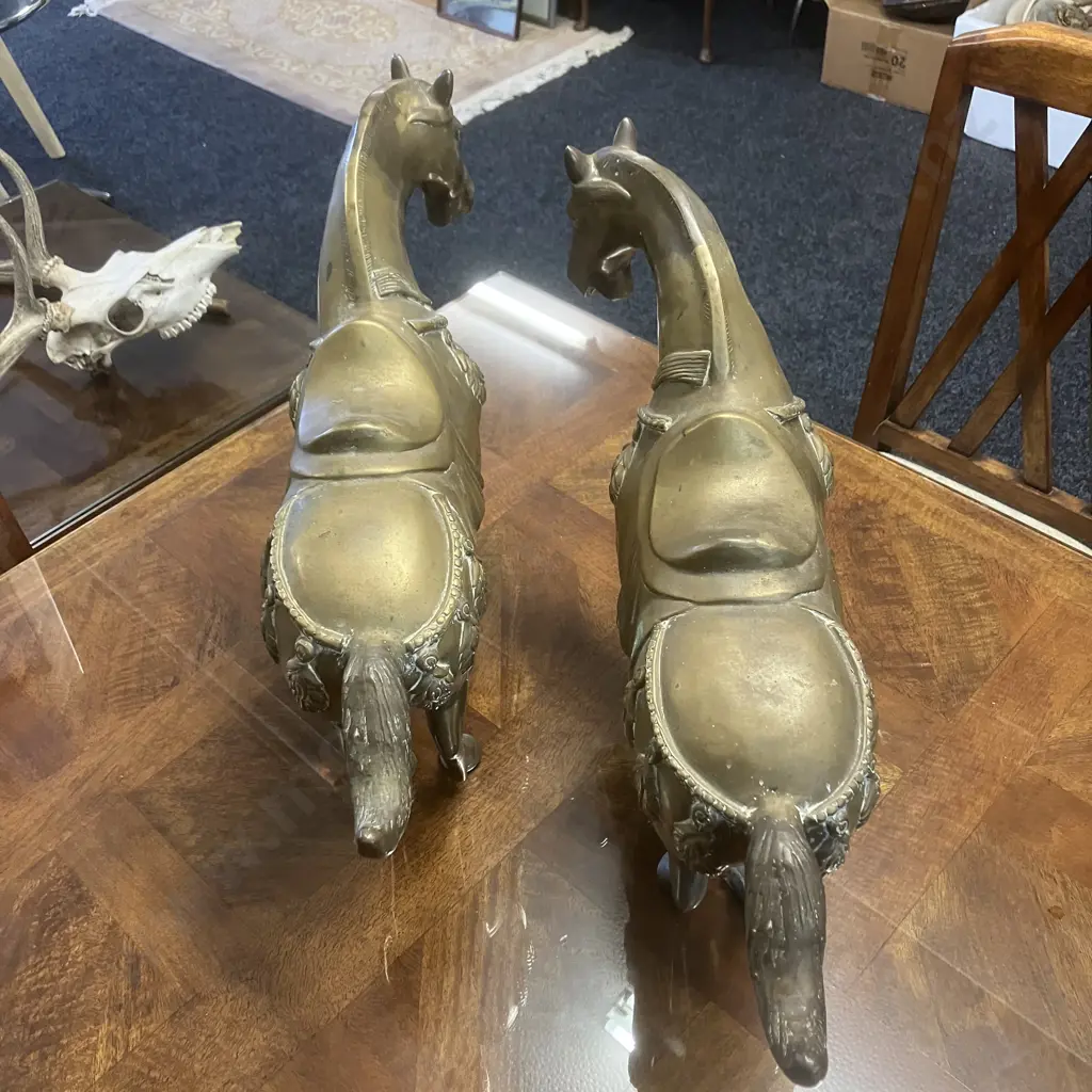 Pair of Large Antique Brass Horses. 41 x 55cm Image 1++