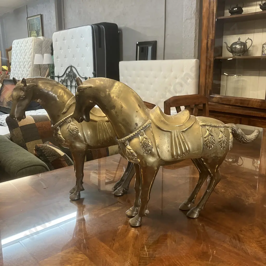 Pair of Large Antique Brass Horses. 41 x 55cm Image 1++