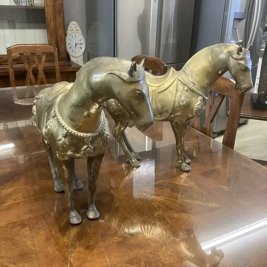 Pair of Large Antique Brass Horses. 41 x 55cm