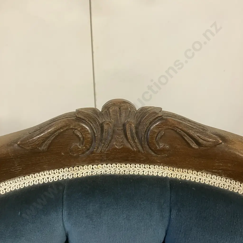 Carved Mahogany Button Back Fireside Gentlemans Chair, Blue Upholstery Image 1++