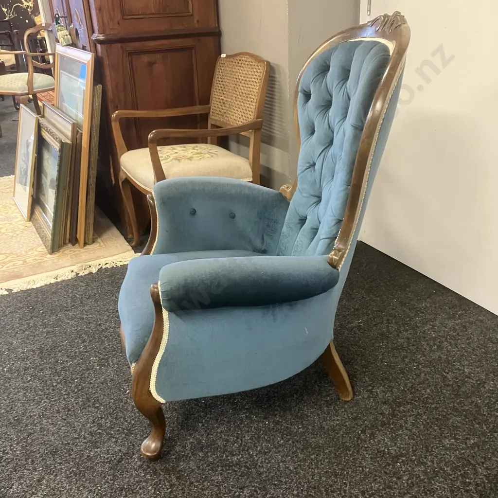 Carved Mahogany Button Back Fireside Gentlemans Chair, Blue Upholstery Image 1++